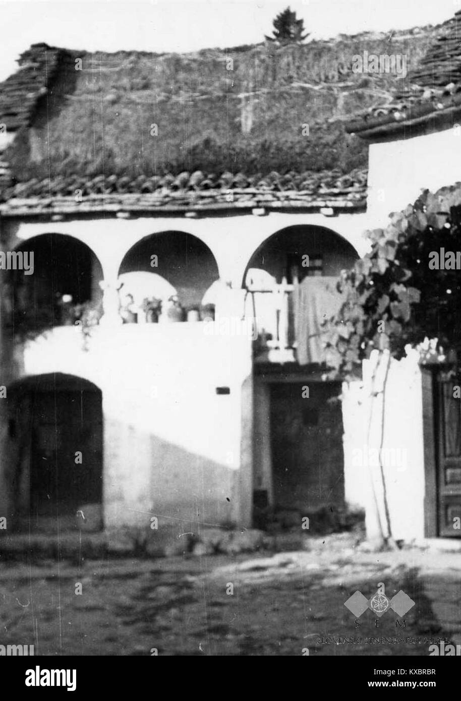 Una fotografia del 1955 di una tradizionale casa ad arco nella regione del Brkini, in Slovenia, raffigurante le caratteristiche architettoniche locali e lo stile di vita rurale. Foto Stock