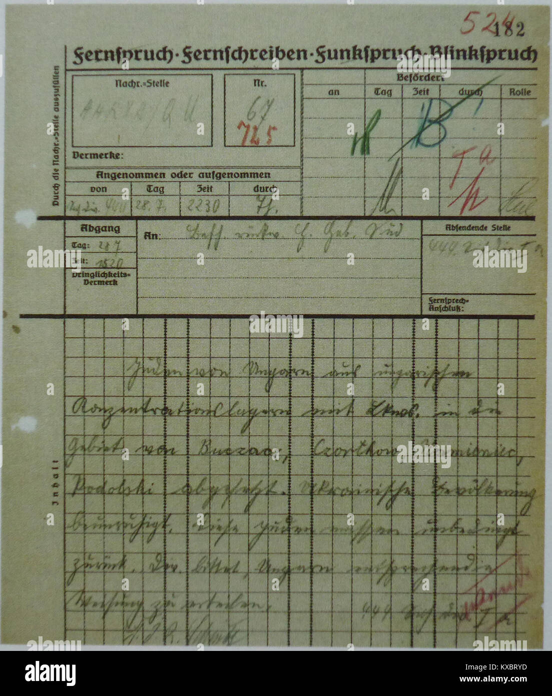 Un documento tedesco della seconda guerra mondiale datato 28 luglio 1941, della 444a divisione di sicurezza (Sicherungsdivision), relativo alle operazioni militari nel settore meridionale (Berück Süd). Foto Stock