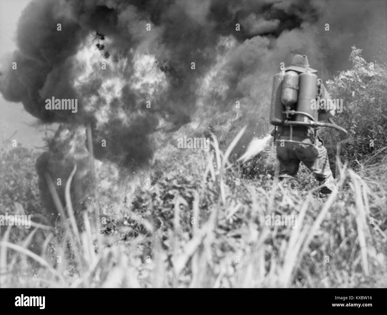 Una fotografia dell'Australian War Memorial del 1945 che mostra un soldato del 2/8th Australian Infantry Battalion che opera un lanciafiamme durante le operazioni a Wewak, Papua nuova Guinea, nella seconda guerra mondiale Foto Stock