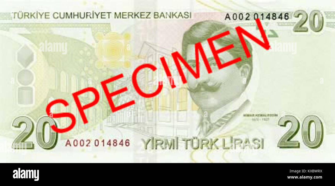 Il rovescio della banconota da 20 lire turche presenta simboli chiave della storia e della cultura turche, come un'immagine di Atatürk. Questa banconota, parte del sistema valutario della Turchia, rappresenta la storia finanziaria della nazione e l’evoluzione progettuale nel tempo. Foto Stock