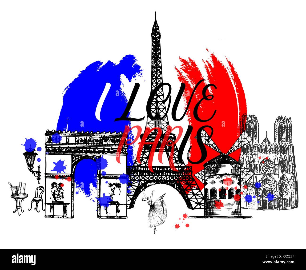 Set di disegnato a mano stile sketch Francia oggetti a tema. Illustrazione di vettore isolato su sfondo bianco. Illustrazione Vettoriale