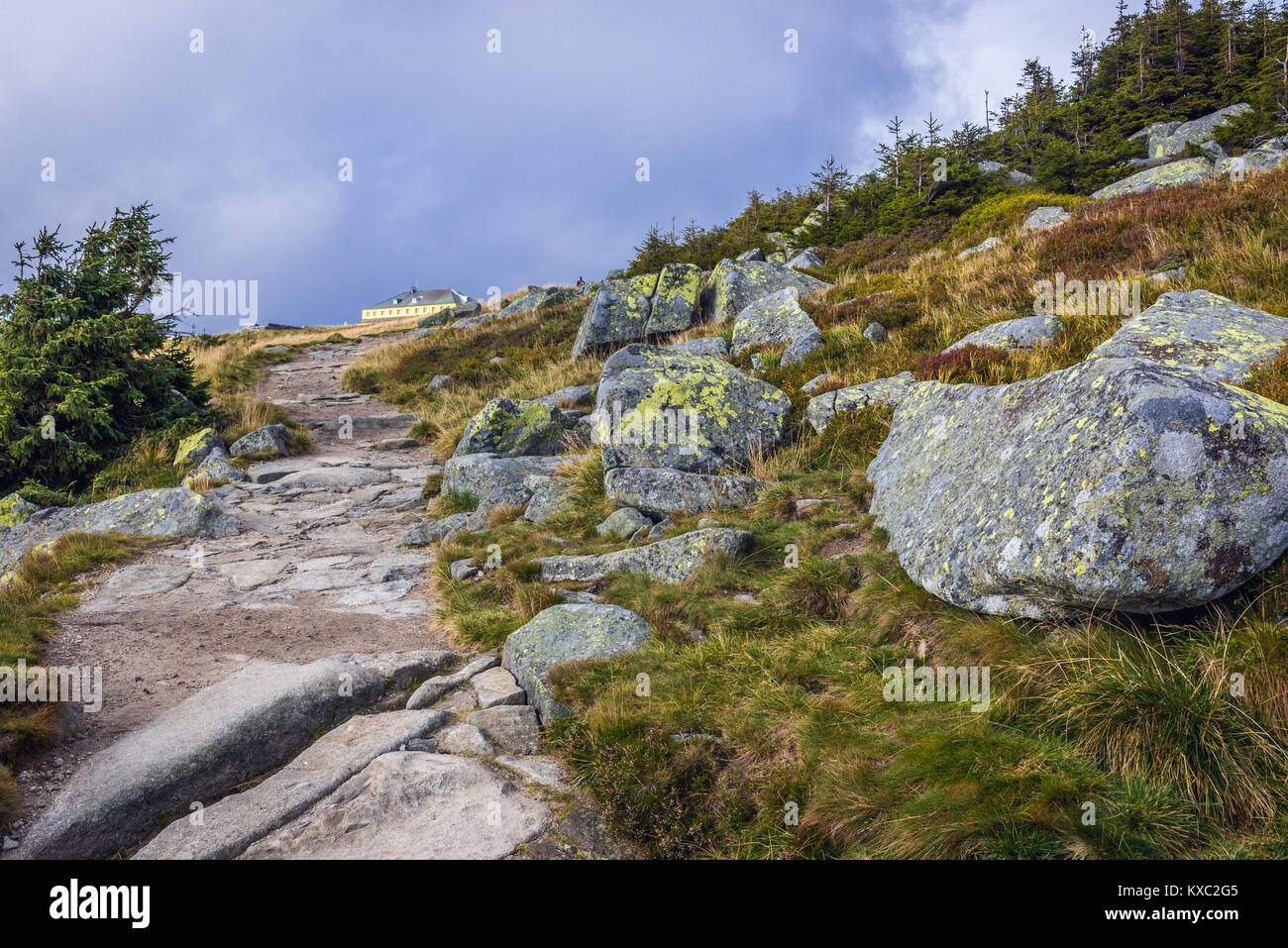 Sentiero per passare sotto il Monte Sniezka in Karkonosze mountain range in Sudetes, sul confine della Repubblica ceca e della Polonia Foto Stock