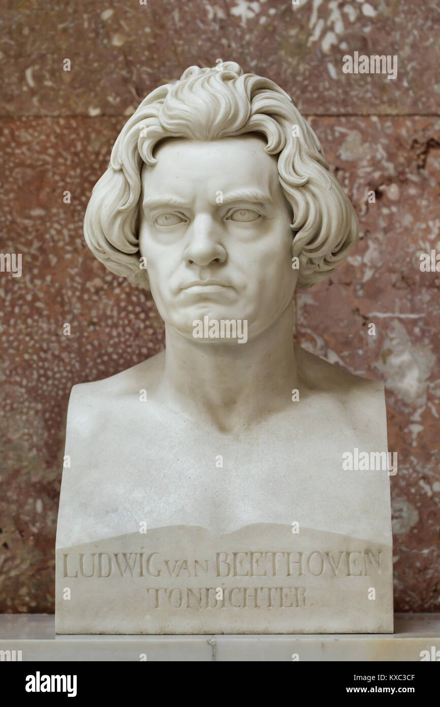 Compositore tedesco Ludwig van Beethoven. Busto in marmo da scultore tedesco Arnold Hermann Lossow (1866) dopo la progettazione da scultore tedesco Anton Dietrich sul display nella hall of fame nel Walhalla Memorial vicino a Regensburg in Baviera, Germania. Foto Stock