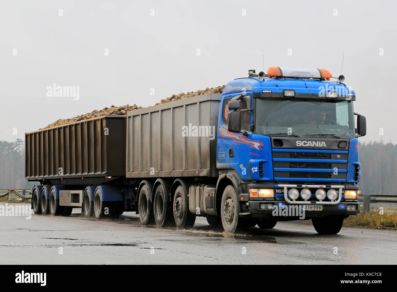 SALO, Finlandia - 9 Novembre 2014: Scania 164G camion con rimorchio cale di barbabietole da zucchero. Circa 250 dietro camion di bietole sono consegnati alle barbabietole fabbrica di zucchero Foto Stock