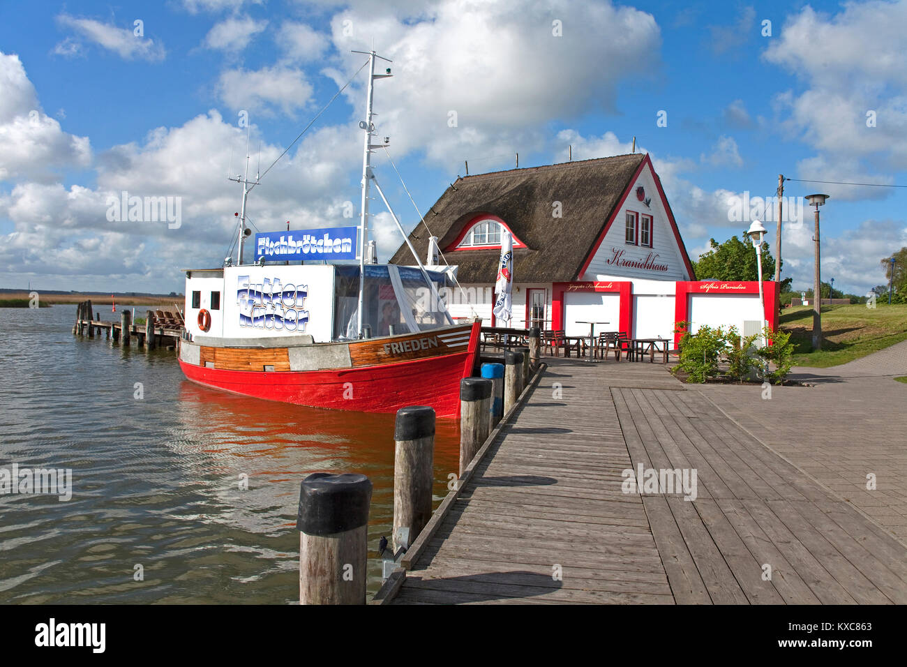 Fresa di pesce e la gru house presso il porto di Zingst, Zingster Strom, Fishland, Meclemburgo-Pomerania, Mar Baltico, Germania, Europa Foto Stock