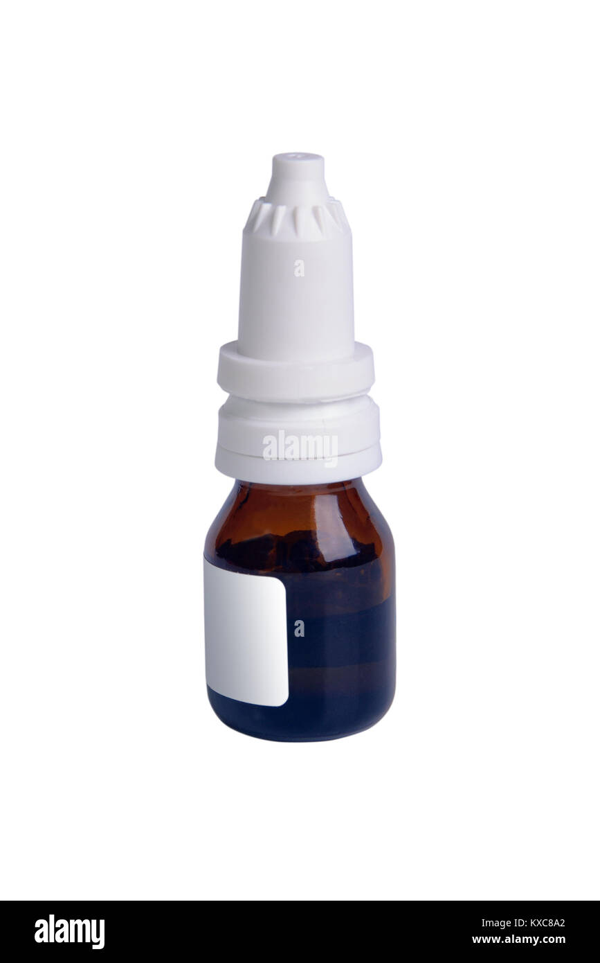 Brown fiala di vetro con gocce nasali, isolato su bianco Foto Stock