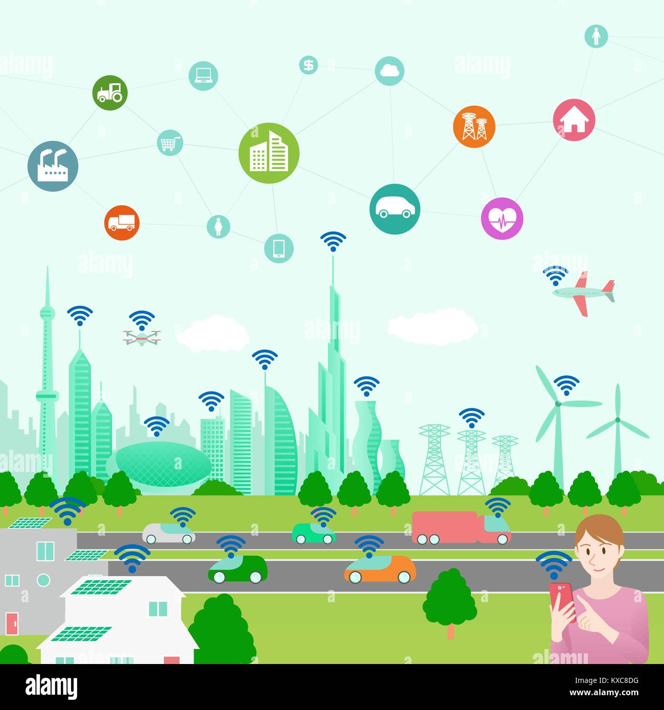 Smart city illustrazione concettuale con varie icone tecnologiche, paesaggio urbano futuristico e lo stile di vita moderno, smart griglia, IoT(Internet delle cose). Illustrazione Vettoriale