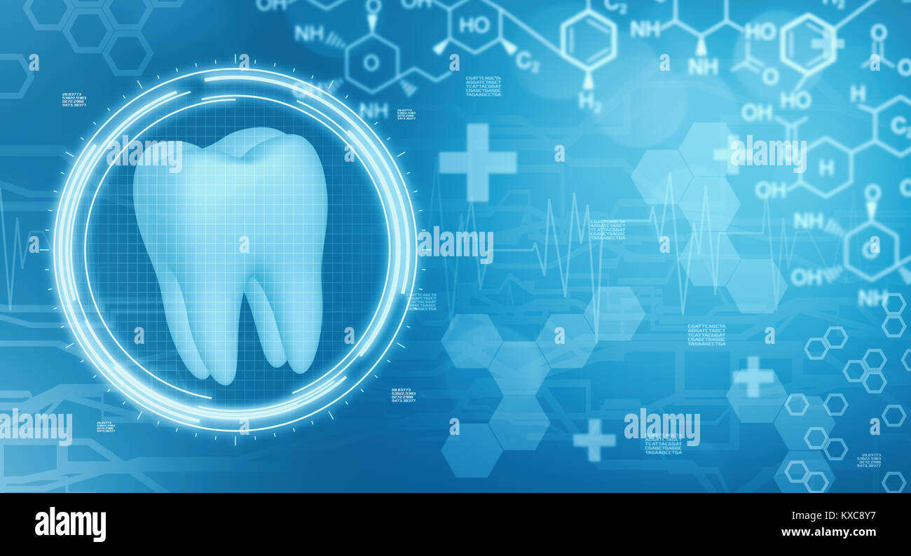 Odontoiatria immagine di sfondo con interfaccia futuristico e simboli medici, un po' di spazio a destra per il testo personalizzato o del logo Foto Stock