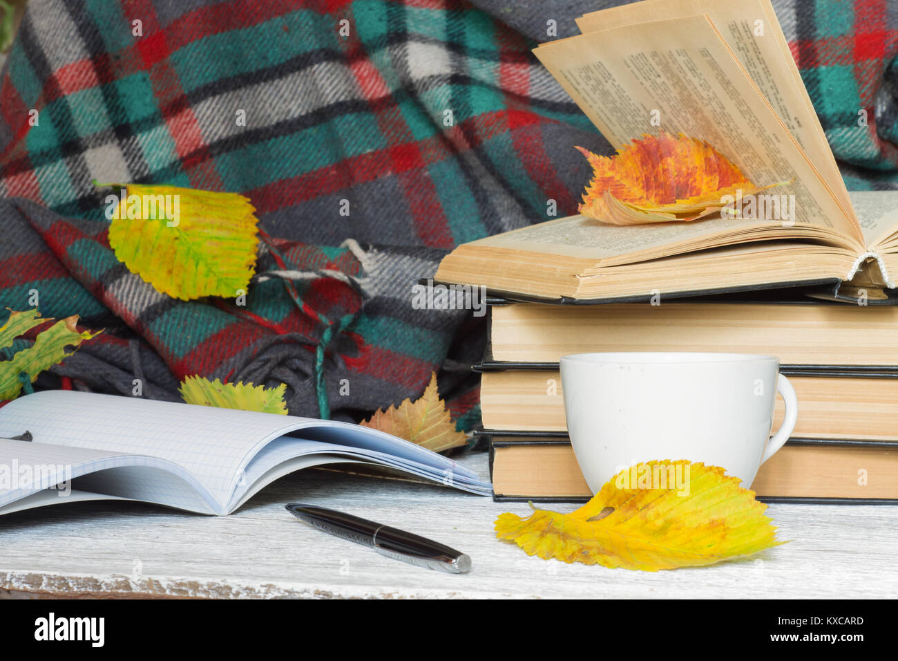 Prenota con una tazza, con una penna e un quaderno su plaid sfondo giallo con foglie di autunno Foto Stock