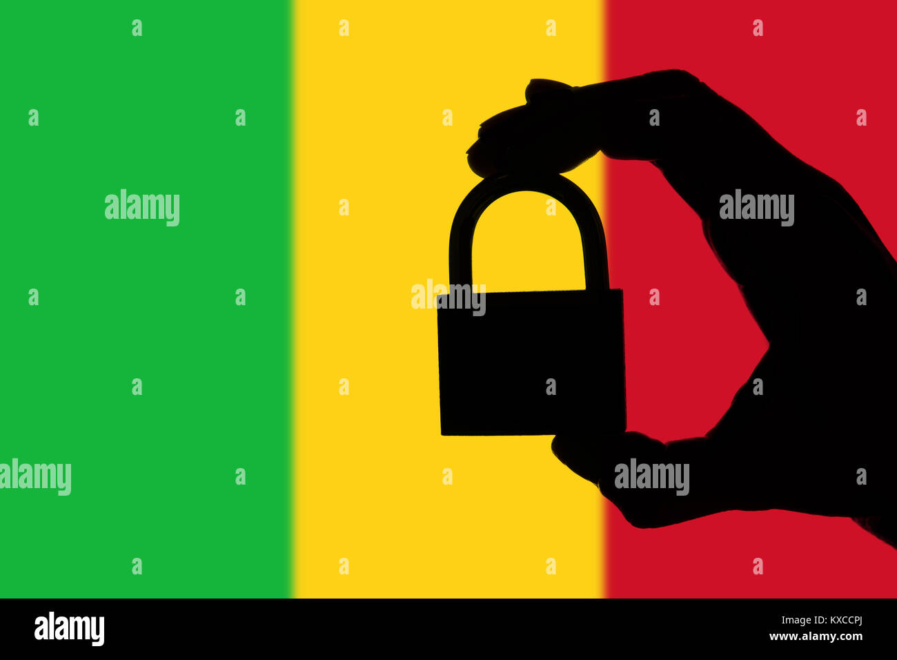 Mali di sicurezza. Silhouette della mano che tiene un lucchetto sulla bandiera nazionale Foto Stock