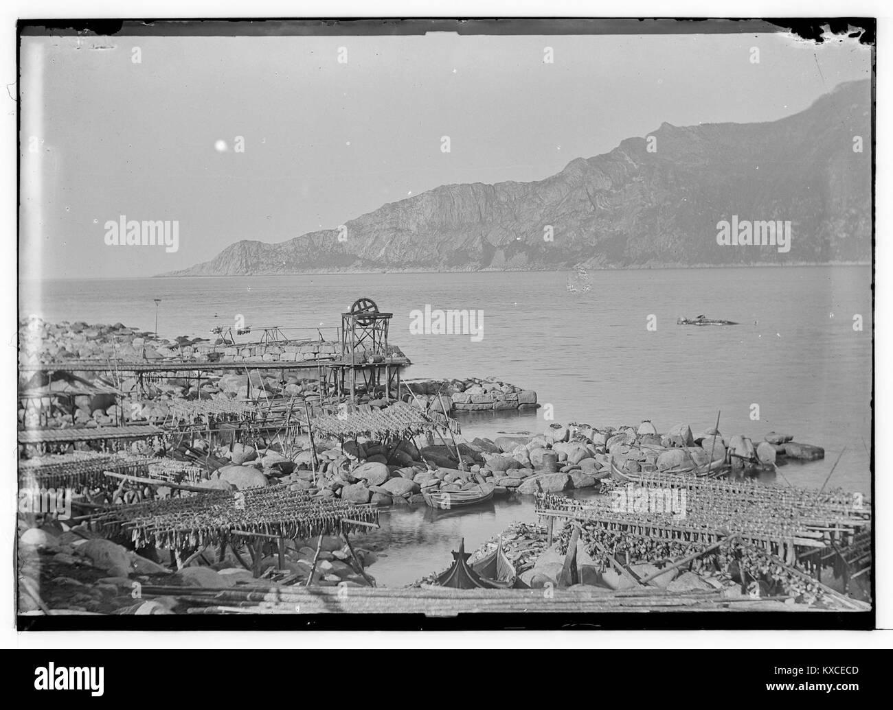 Una fotografia che raffigura l'impianto di lavorazione o essiccazione del pesce (støanlegg) a Øifjordvær, Senjen, contea di Tromsø, Norvegia. L'immagine documenta l'industria costiera locale e le pratiche di pesca nel nord della Norvegia. Foto Stock