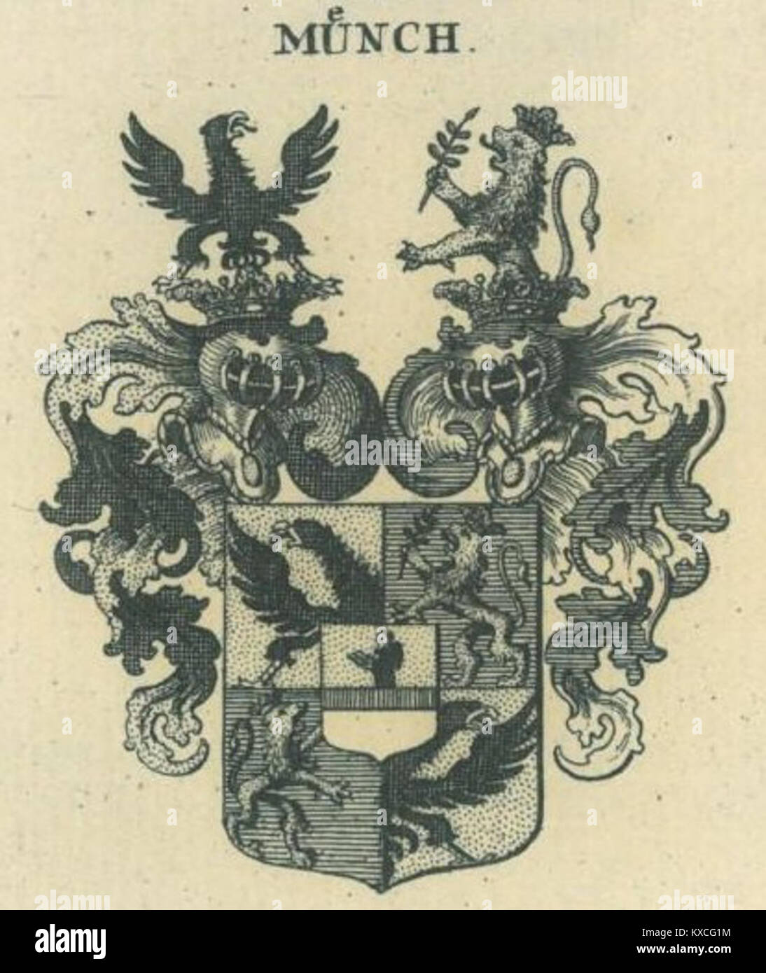 Lo stemma ampliato della famiglia Münch di Aystetten mostra l'aumento araldico concesso alla nobile casata tedesca in Baviera, combinando stemmi familiari, caschi e cariche simboliche della stirpe Münch. Foto Stock