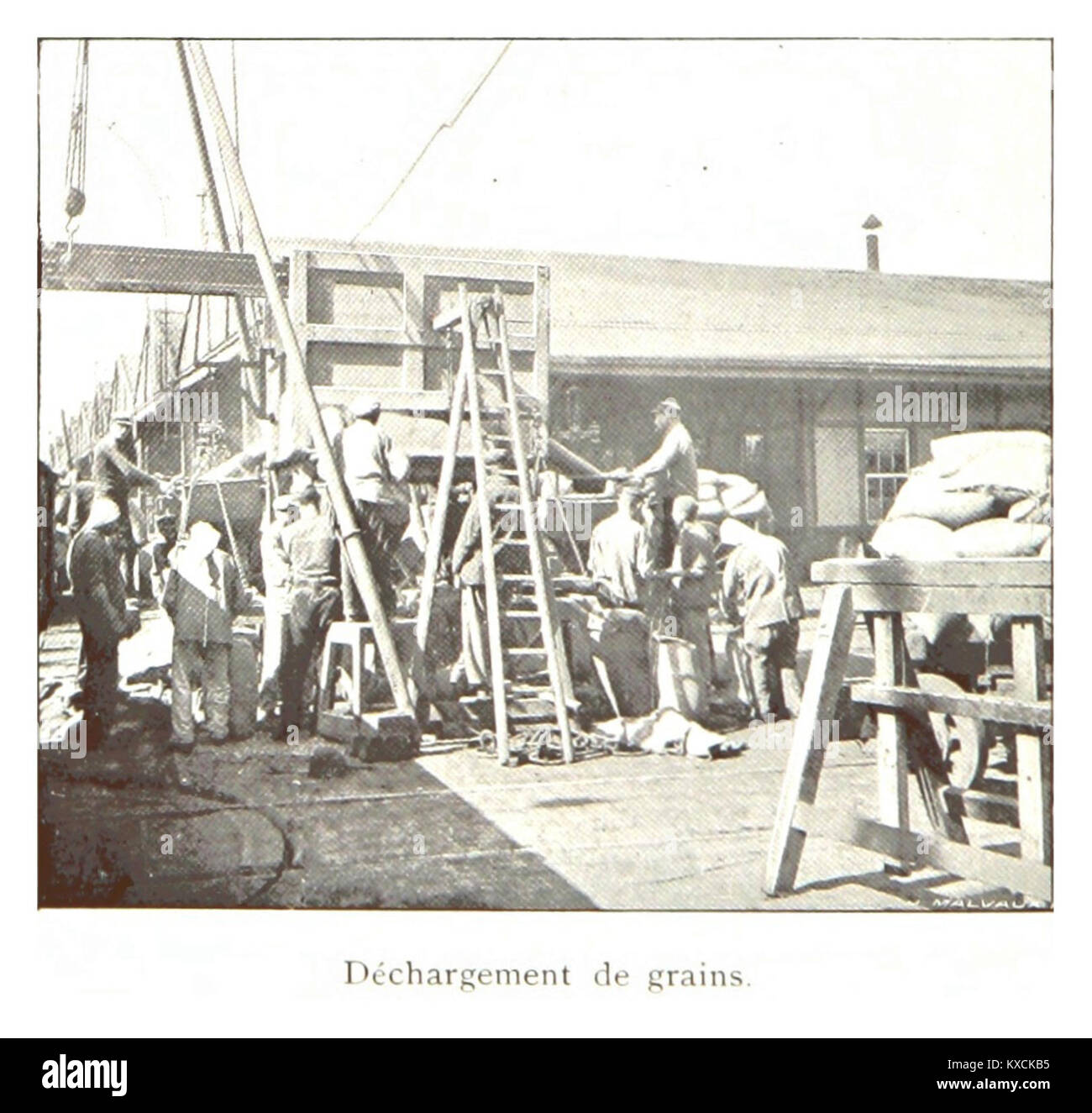 La fotografia intitolata "064 Déchargement de Graains" probabilmente raffigura lo scarico di grano, catturando il processo industriale di trasporto e scarico di grano da navi o impianti di stoccaggio. Foto Stock