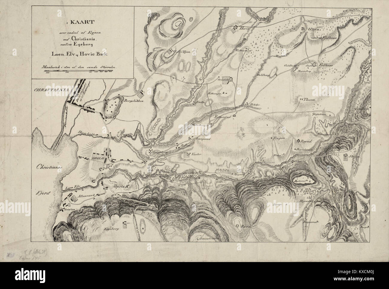 Mappa storica intitolata “Loen ELV and Hovie Bæk”, parte della Amtskartsamling (raccolta di mappe della contea) che mostra il terreno vicino a Christiania (ora Oslo) in scala 1:10 000, pubblicata intorno al 1810. Foto Stock