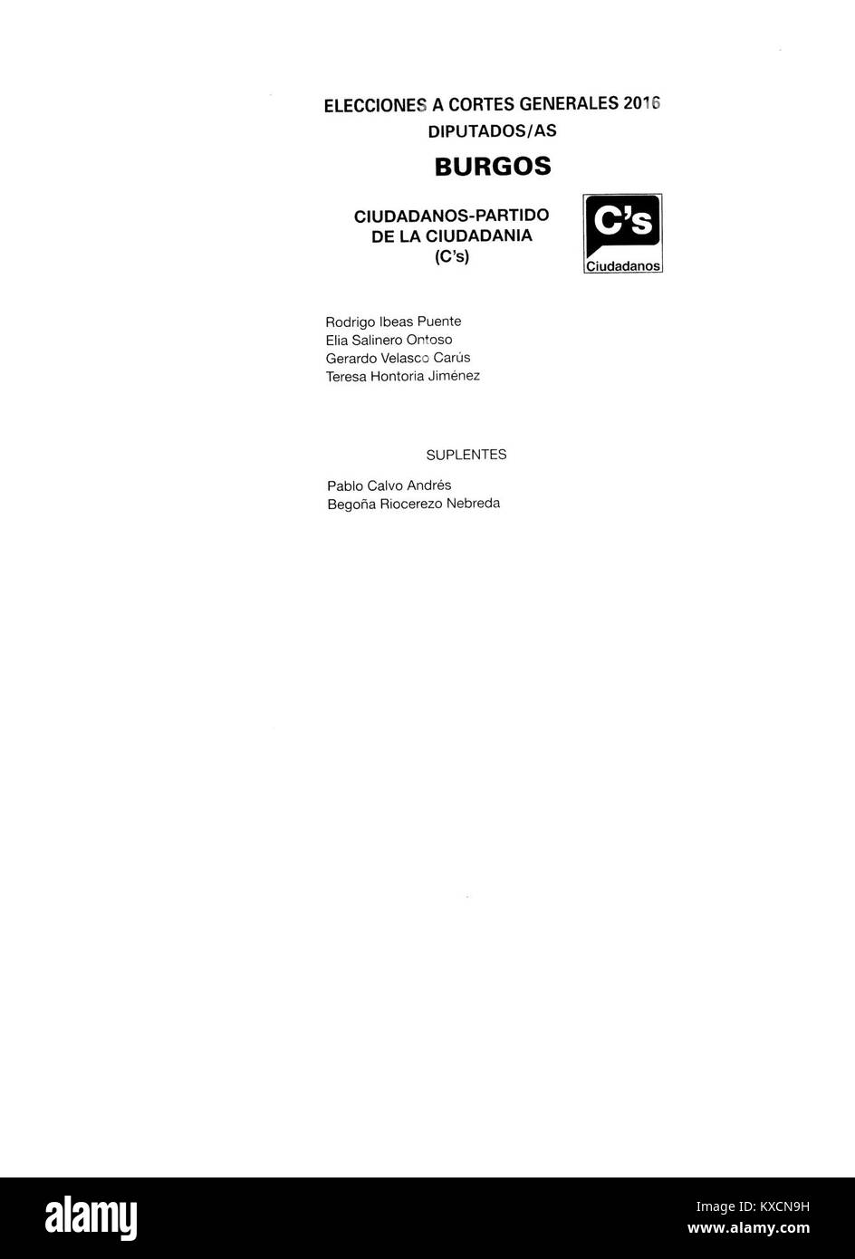 Le elezioni spagnole del 2016 per Burgos includono il partito politico Ciudadanos (C), che illustra la scelta degli elettori e il processo elettorale nella regione. Foto Stock