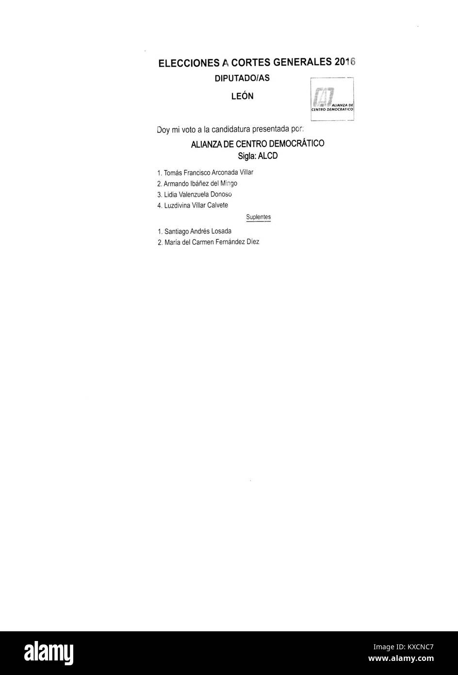 Lo scrutinio per le elezioni generali spagnole del 2016 a León consente agli elettori di selezionare i candidati che rappresentano il processo elettorale democratico in Spagna. Foto Stock