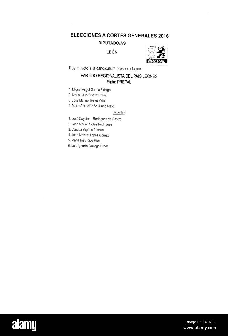 Un documento elettorale delle elezioni generali spagnole del 2016 a León, che mostra il partito politico PREPAL (Partido Regionalista del País Leonés). Il documento rappresenta il materiale elettorale ufficiale utilizzato nel processo di voto democratico. Foto Stock