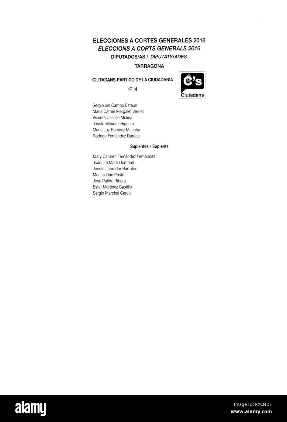 Voto ufficiale delle elezioni generali spagnole del 2016 a Tarragona per il partito politico Ciudadanos. Foto Stock