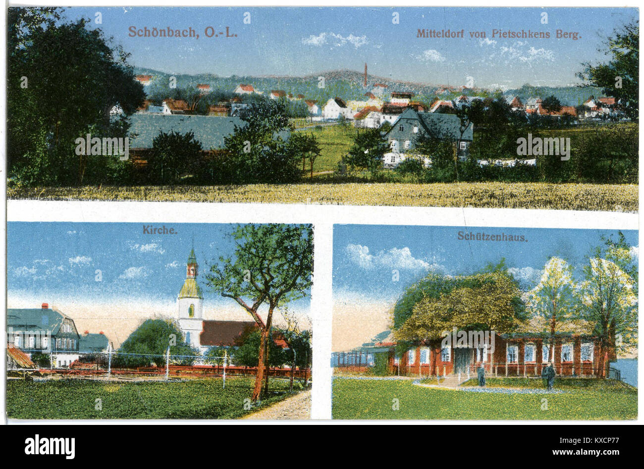 20226-Schönbach-1916-Mitteldorf, Kirche und Schützenhaus-Brück & Sohn Kunstverlag Foto Stock