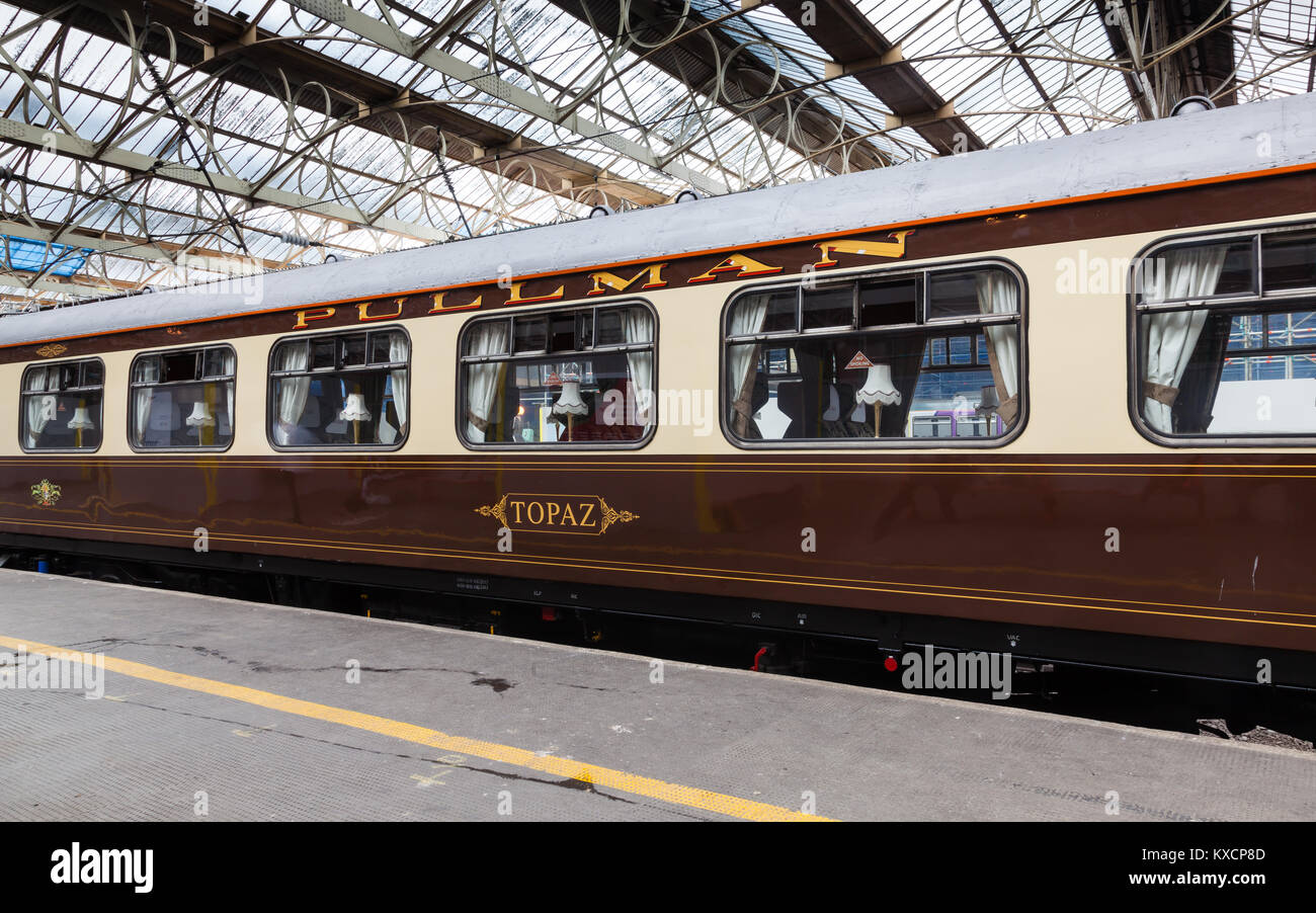 Conservato il Pullman carrello è raffigurato nella cittadella di Carlisle station in Cumbria. Il Pullman era un lusso servizio ferroviario che operavano in Gran Bretagna. Foto Stock