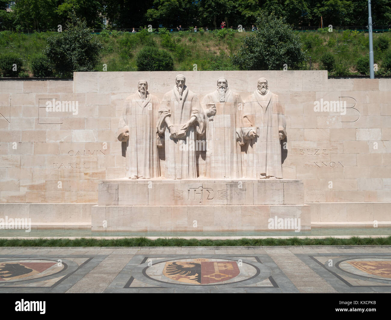 William Farel, Giovanni Calvino, Theodore Beza e John Knox al centro della parete della riforma, Ginevra Foto Stock