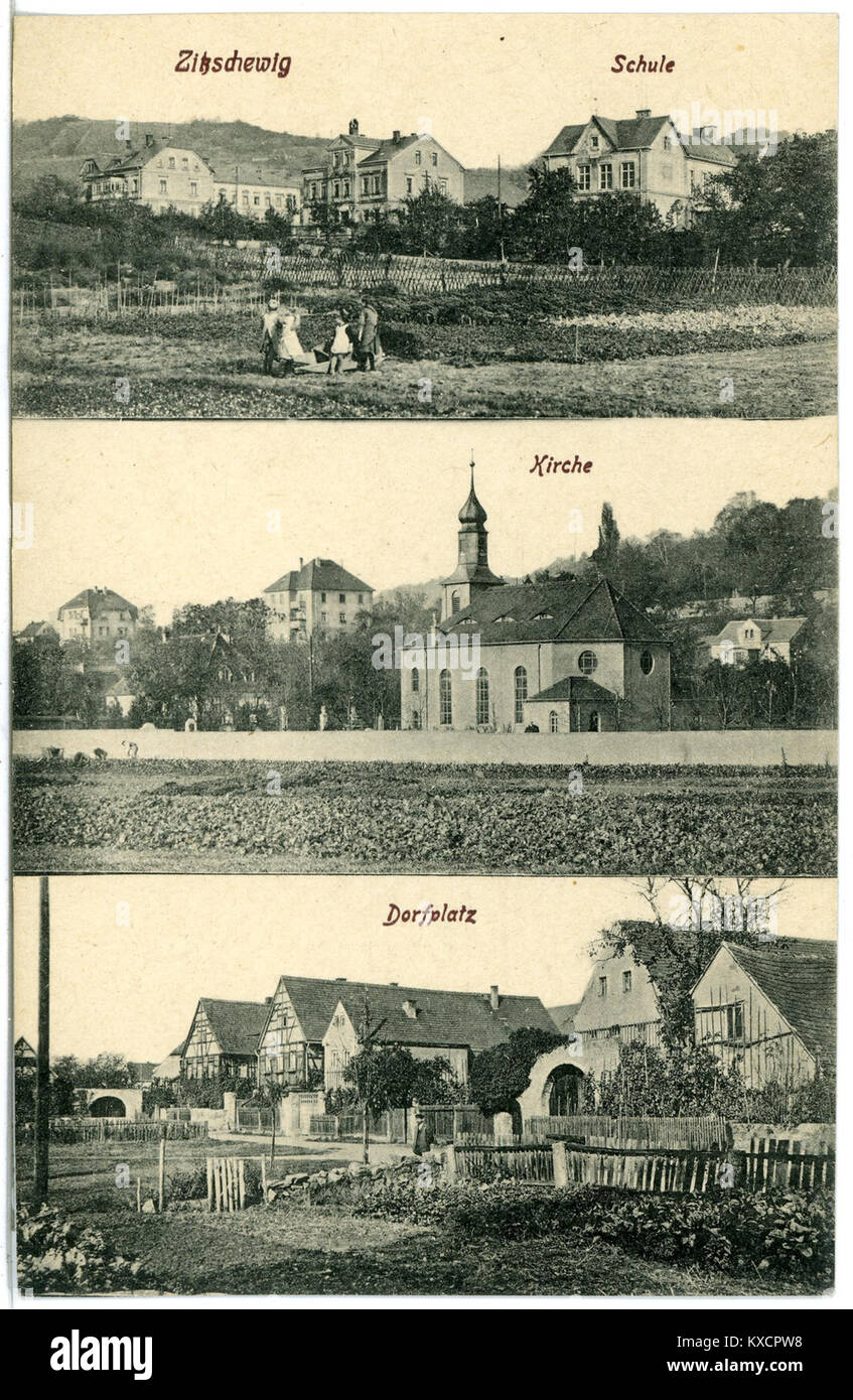20668-Zitzschewig-1917-Schule, Kirche, Dorfplatz-Brück & Sohn Kunstverlag Foto Stock