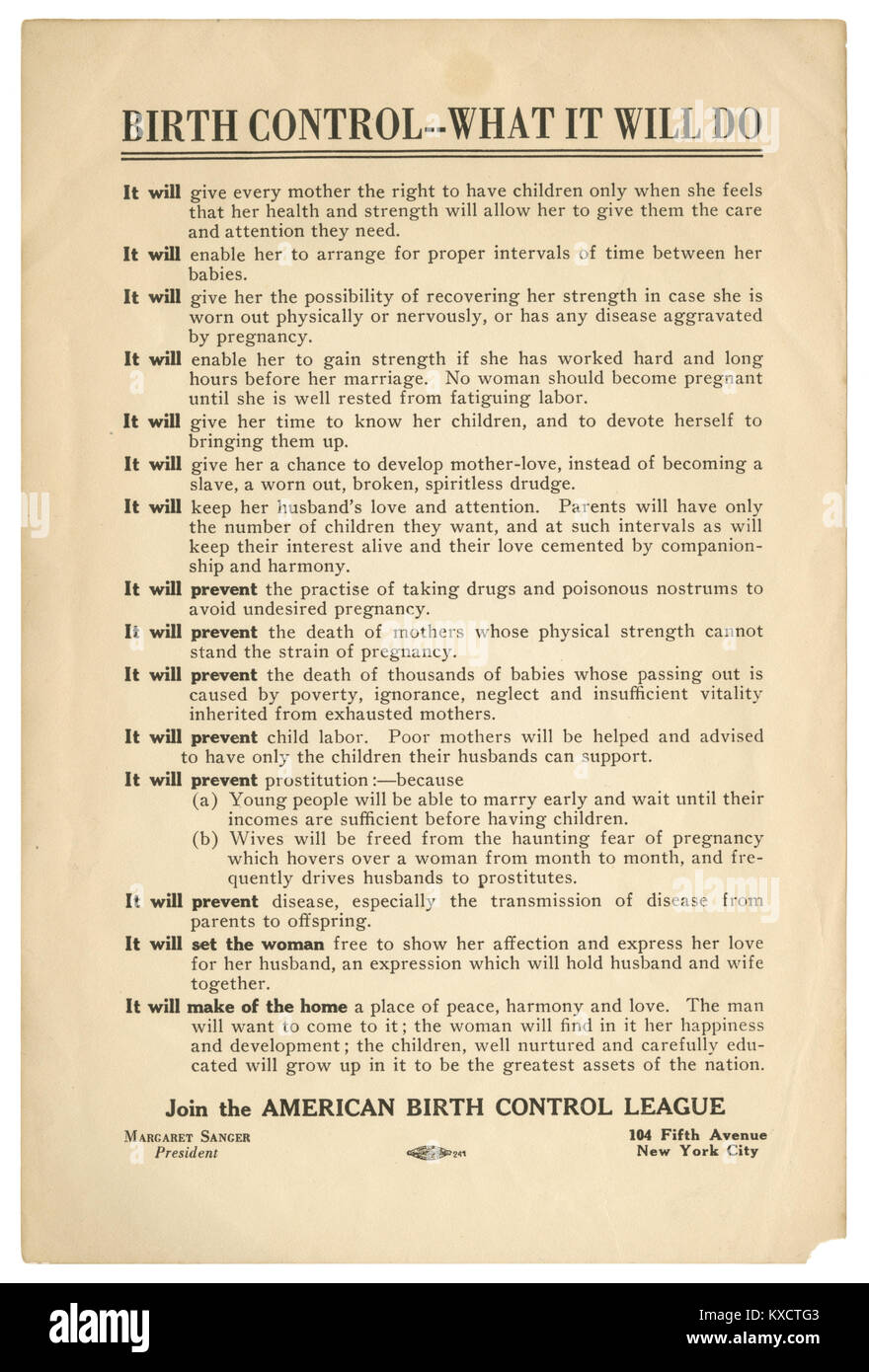 Antique circa 1922 flyer, 'Controllo delle nascite - Che cosa farà' dalla American Controllo delle Nascite League (ABCL), fondata da Margaret Sanger nel 1921. Foto Stock