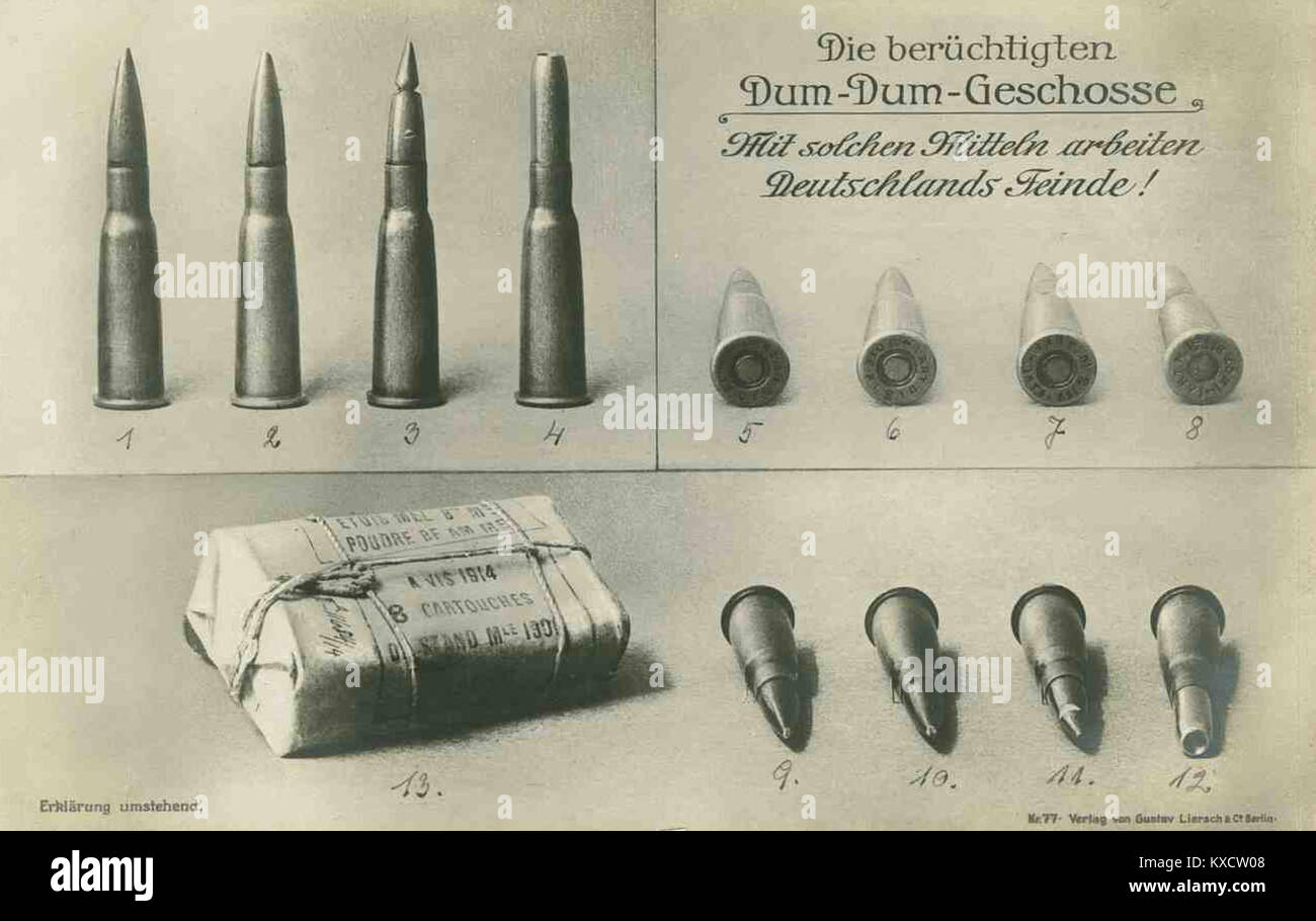 Un'illustrazione propagandistica della prima guerra mondiale risalente al 1916 circa che mostra raffigurazioni di proiettili Dum-Dum francesi, usati come parte di materiale informativo e propagandistico in tempo di guerra. Foto Stock