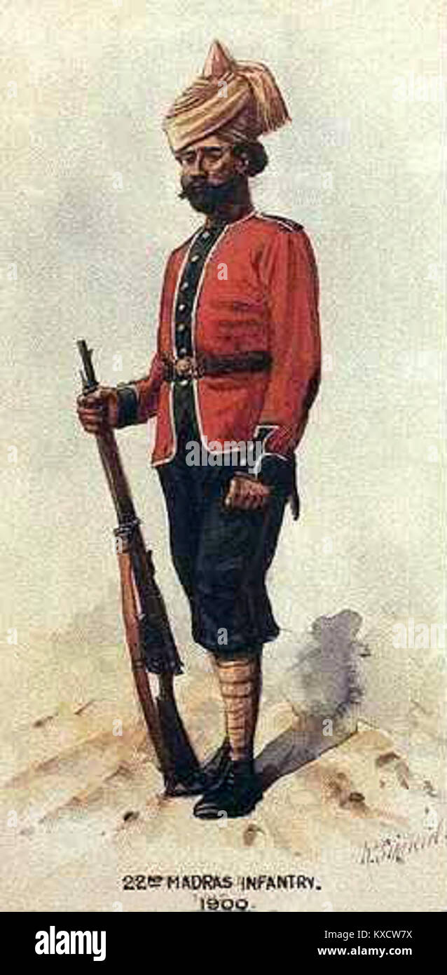 Un resoconto storico del 22nd Madras Infantry, un reggimento dell'esercito indiano britannico attivo nei primi anni '1900, noto per il suo servizio nelle operazioni militari coloniali. Foto Stock
