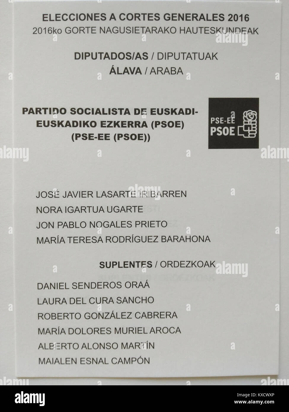 L'elenco intitolato "26J 2016 Álava PSOE" si riferisce alle elezioni generali spagnole del 26 giugno 2016 nella provincia di Álava, dove il PSOE (Partito Socialista Operaio spagnolo) ha schierato i candidati. Esso riflette la partecipazione elettorale regionale in Spagna. Foto Stock