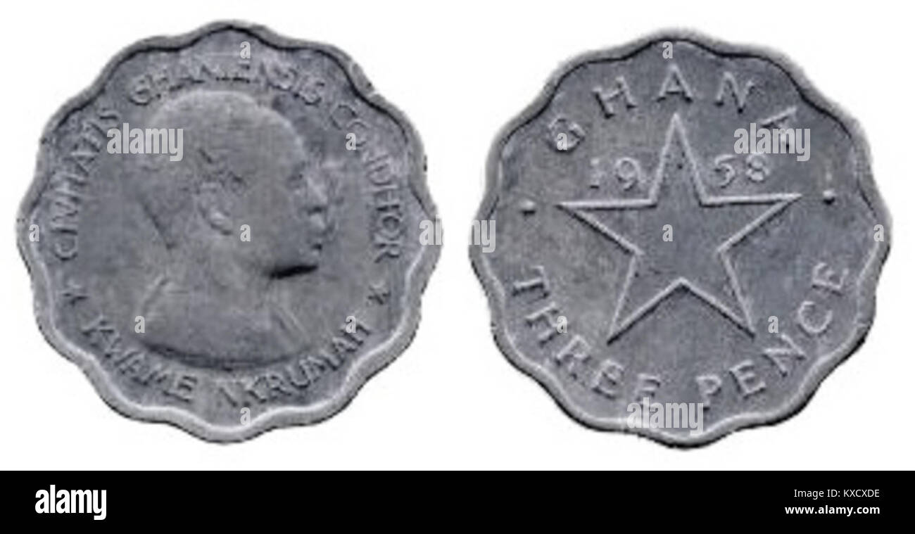 Una moneta da 3 pence del Ghana, parte del sistema della sterlina ghanese utilizzato prima della decimalizzazione della valuta del paese. Foto Stock