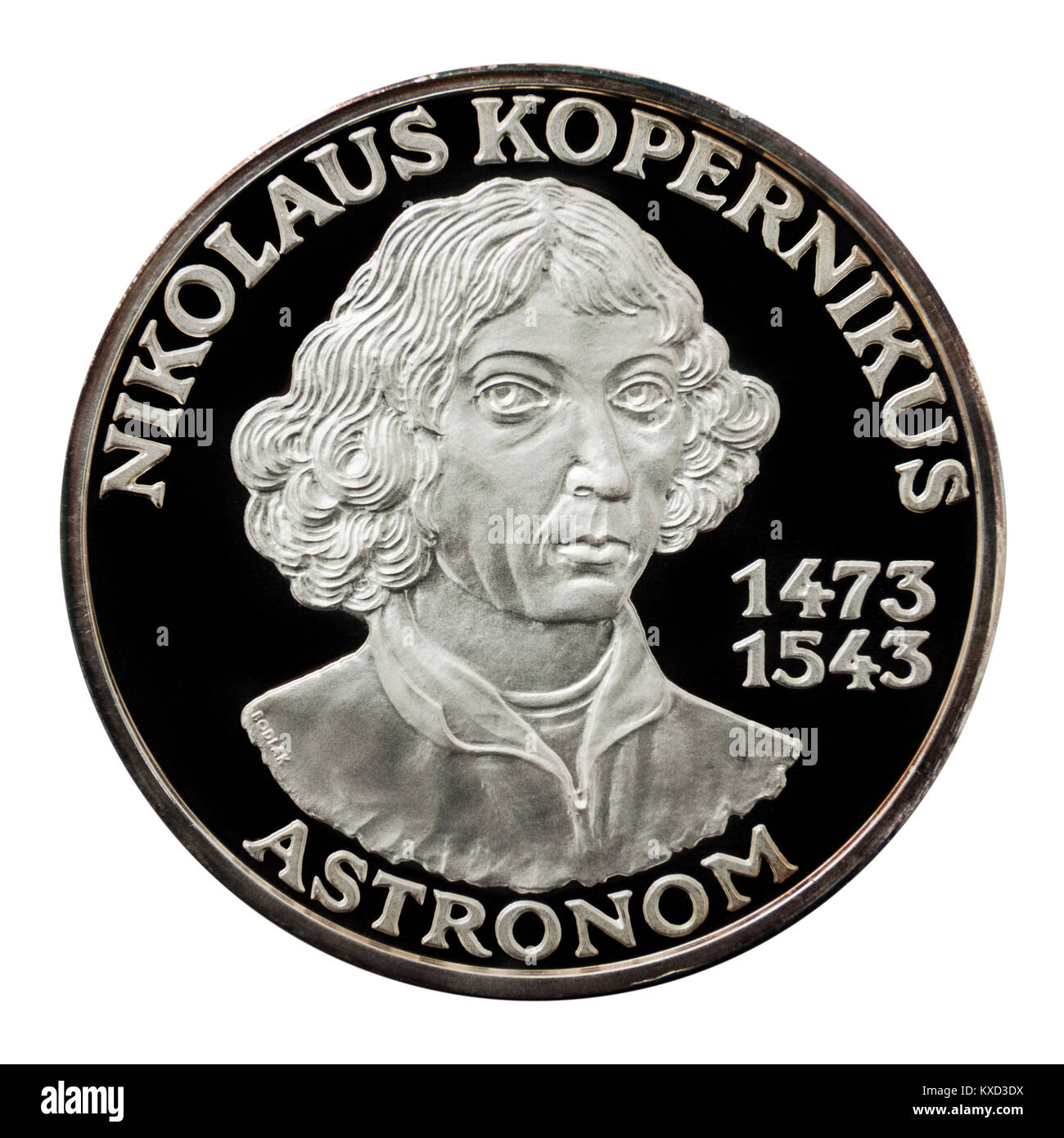 99,9% Prova Silver Medallion con Niccolò Copernico, il famoso astronomo Polacco, matematico e economista. Foto Stock