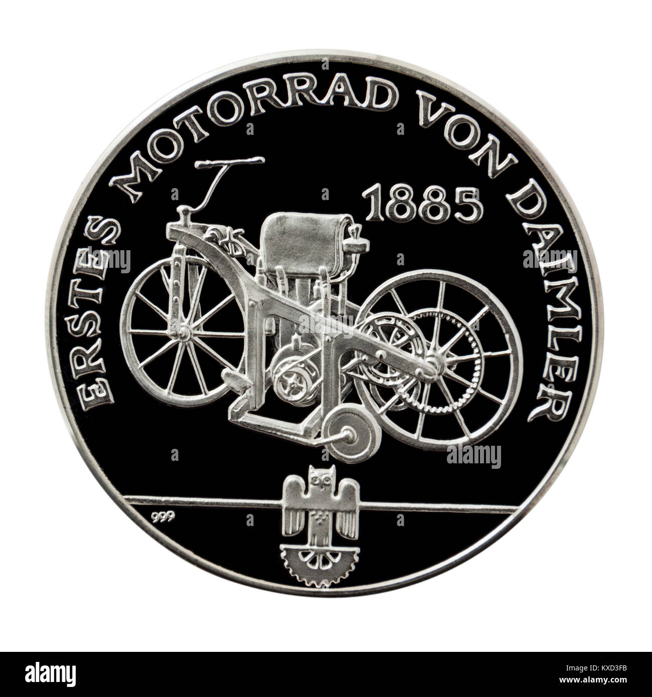 99,9% Prova Silver Medallion dotato del 1885 Daimler "Reitwagen petrolio', la prima combustione interna motocicletta. Foto Stock