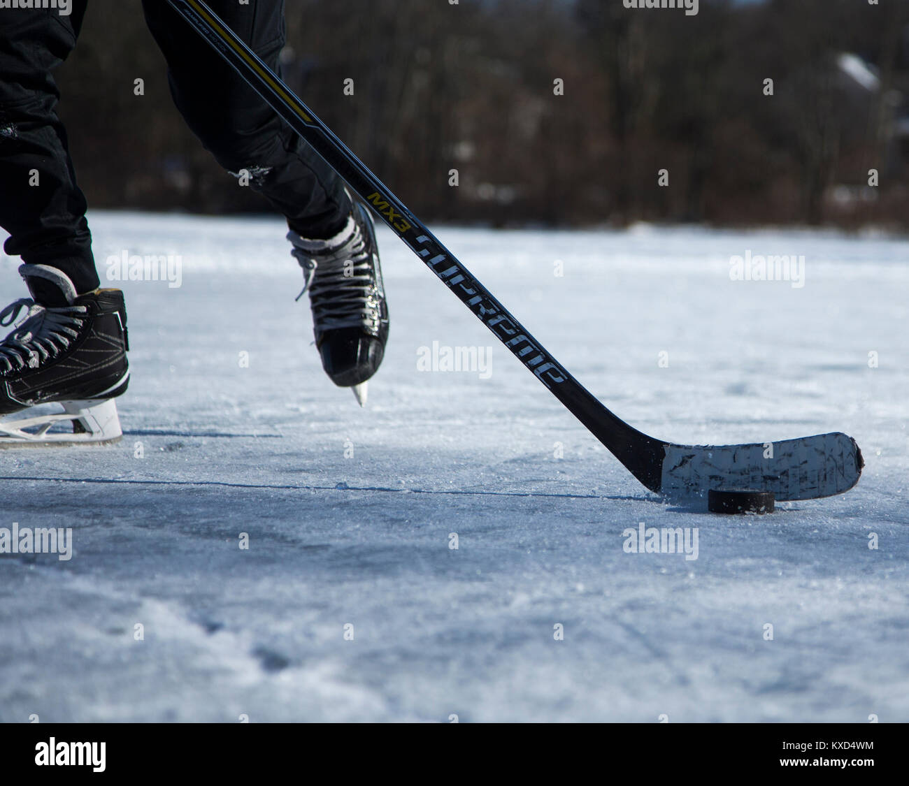 Bo giocare a hockey su ghiaccio su uno stagno ghiacciato in una fredda giornata invernale Foto Stock