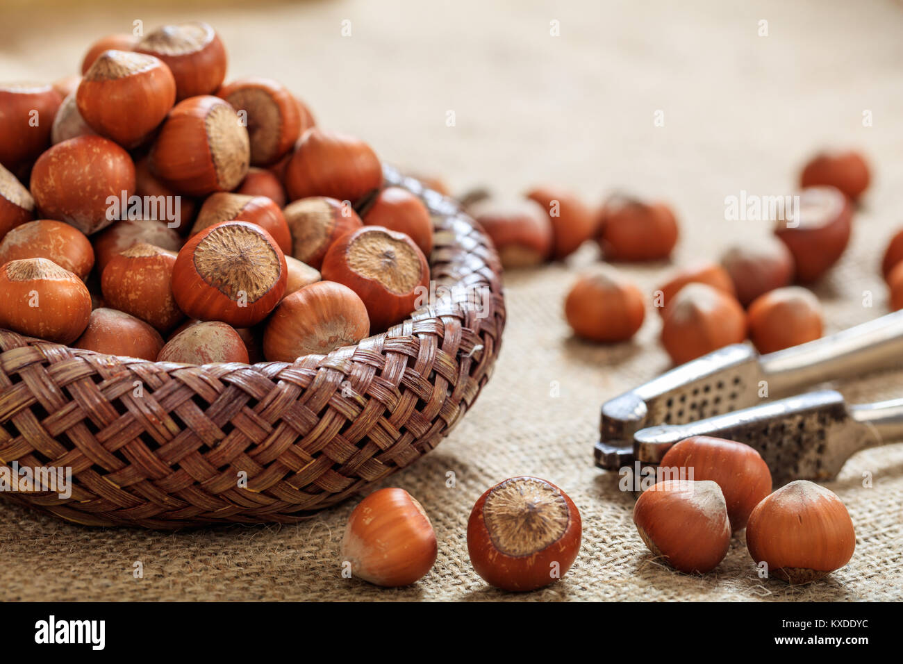 Le nocciole in un cesto su un tavolo Foto Stock