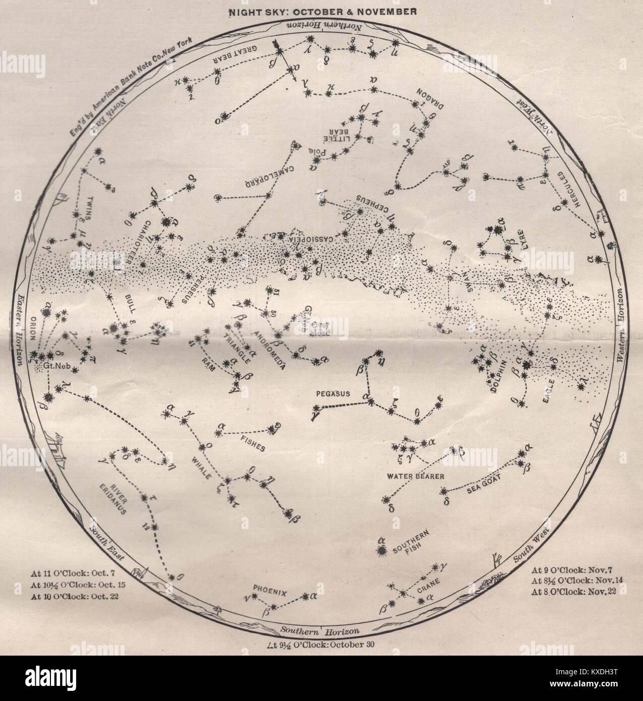 Cielo notturno: ottobre e novembre; alle ore 11: Ott.7, a 10½ ore di: Ott15, a ore 10: Ott22, a 9½ ore di: 30 ottobre … Foto Stock