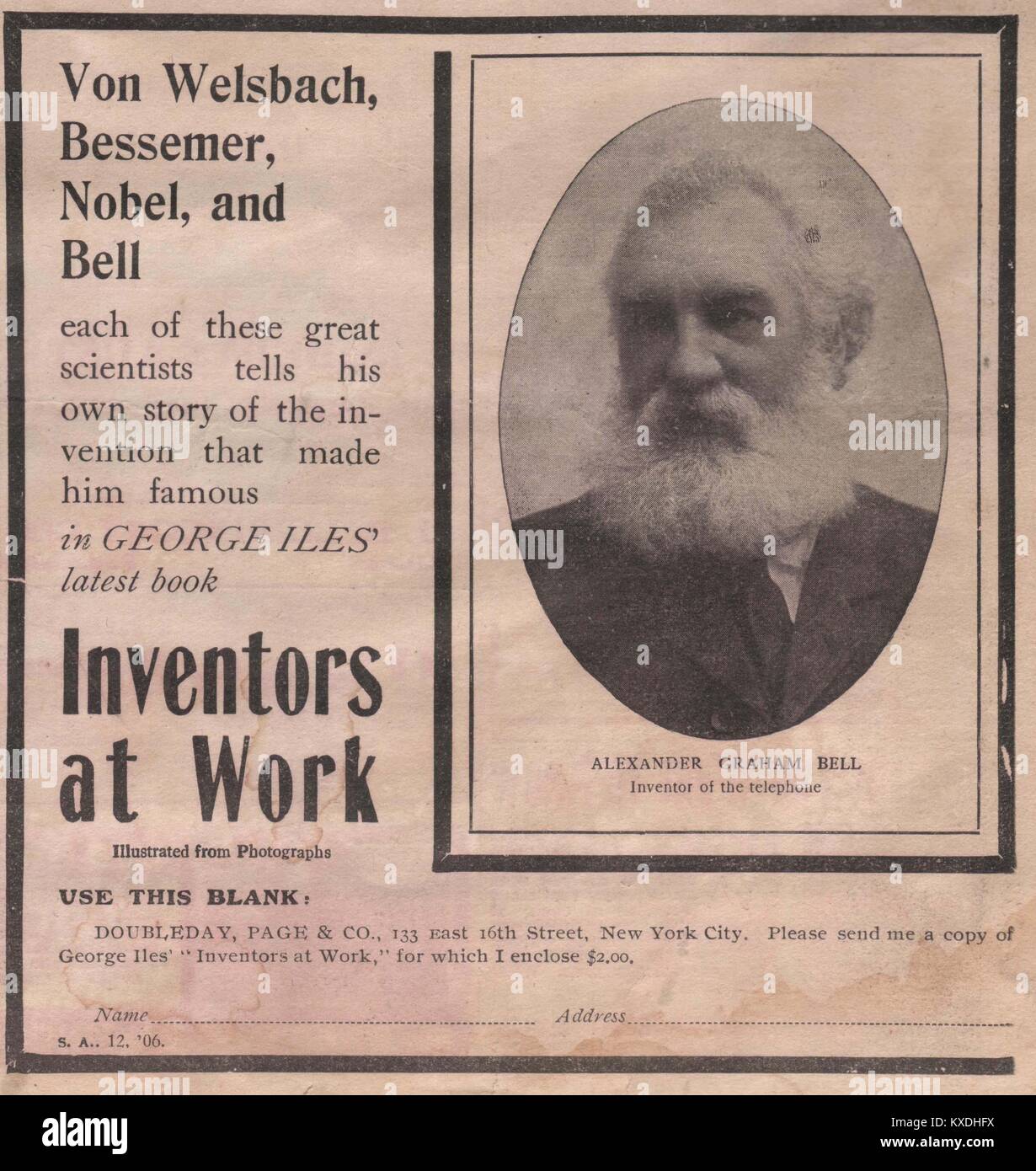 "Alexander Graham Bell' inventore del telefono - Doubleday, pagina & Co., 133 East 16th Street, New York City. Si prega di inviare a me … Foto Stock