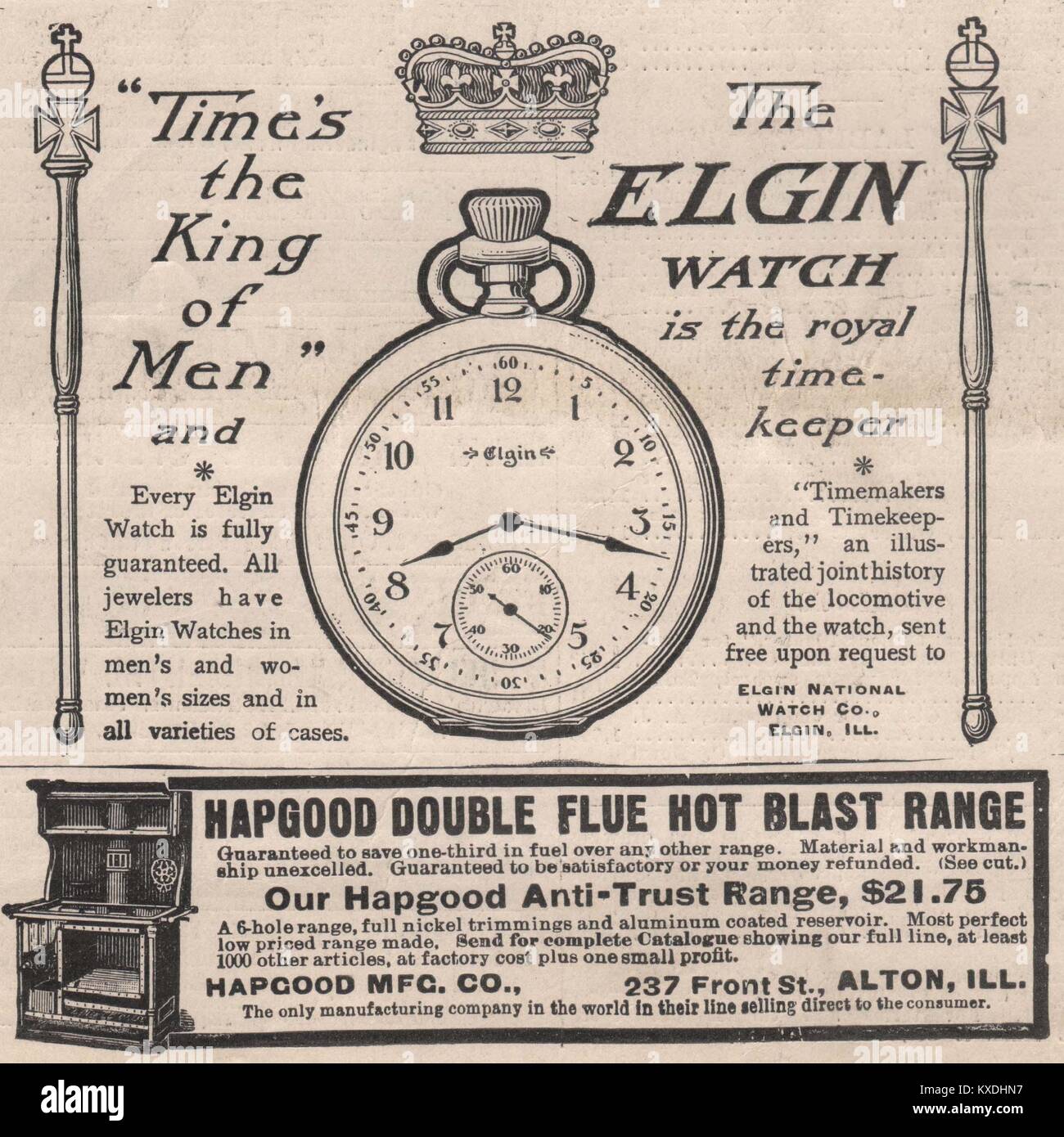 " Il tempo è il re degli uomini' Elgin watch è il royal Time keeper - Hapgood MFG Co. Foto Stock