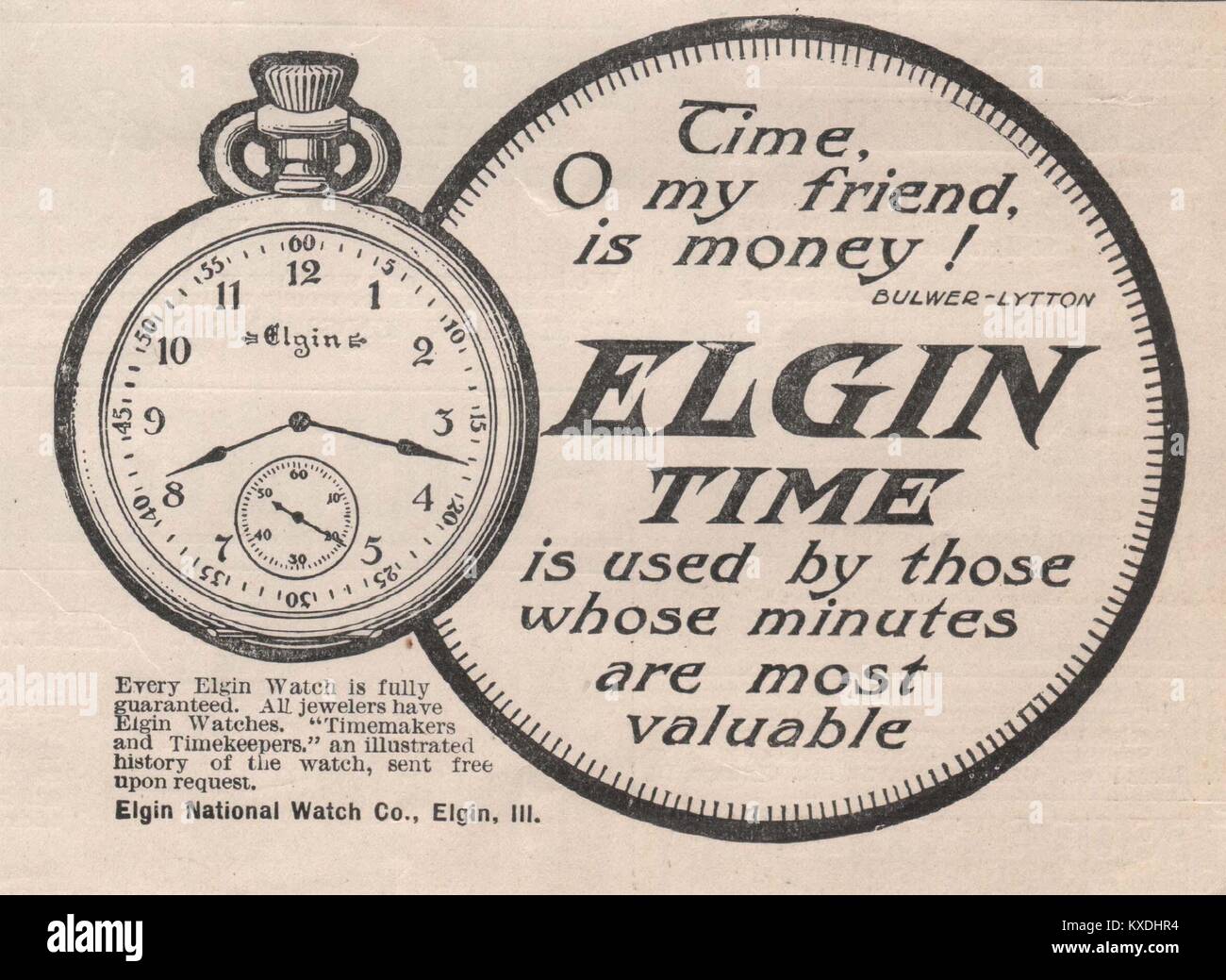 'Tempo, o mio amico, è denaro! Bulwer-Lytton' - Elgin National Watch Co., Elgin, III Foto Stock