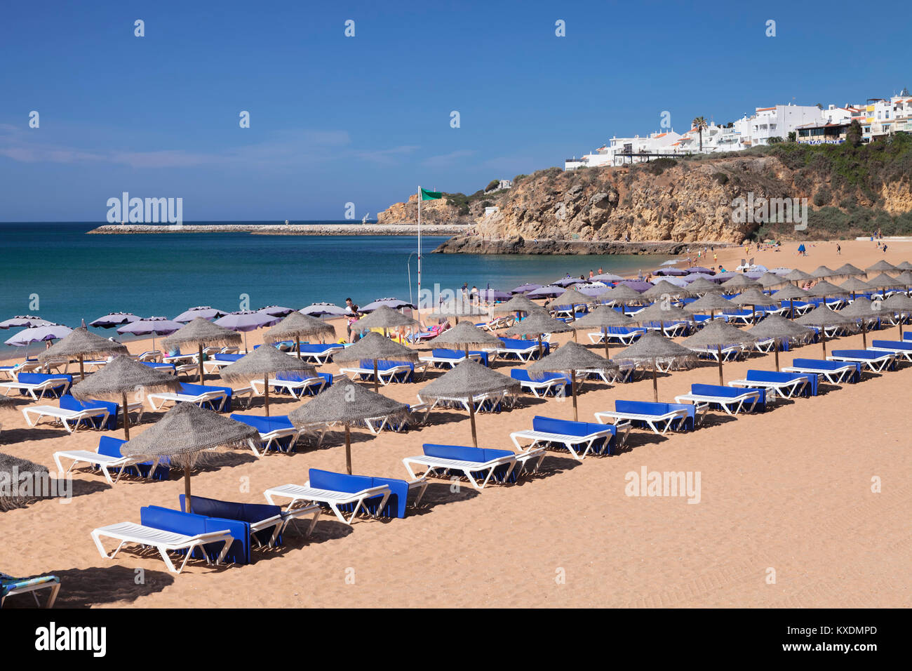 Praia do PenecoEmpty spiaggia con ombrelloni e lettini, Praia do Peneco, Albufeira Algarve Foto Stock