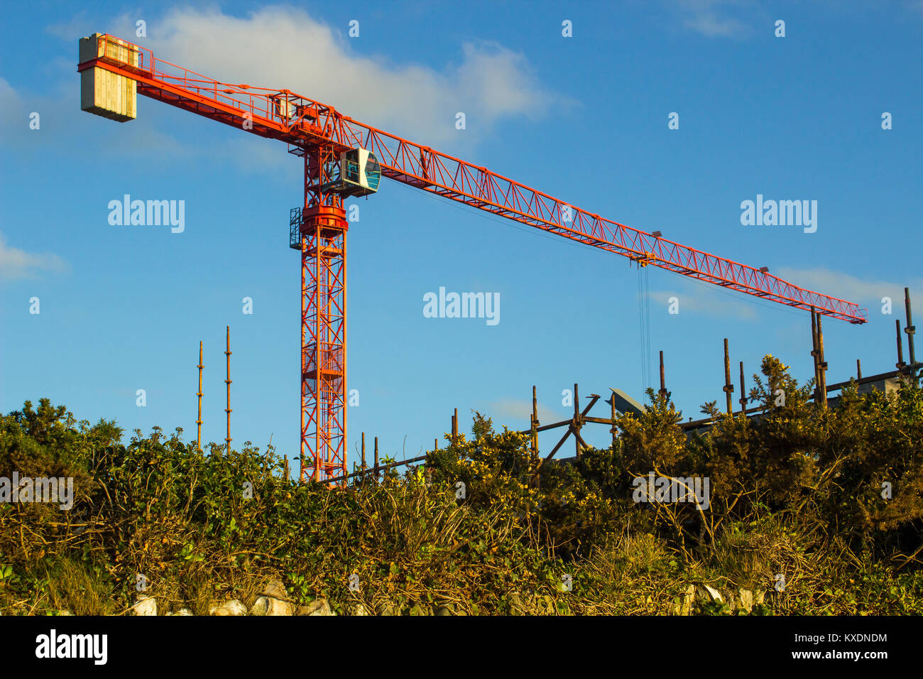 Un esempio di una statica di gru a torre in uso su di un progetto di costruzione a Ballyholme contea di Down Irlanda del Nord nel gennaio 2018 Foto Stock