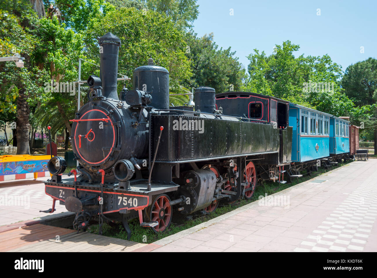 Locomotiva a vapore, ferroviaria park, Kalamata, Messenia, Peloponneso, Grecia Foto Stock