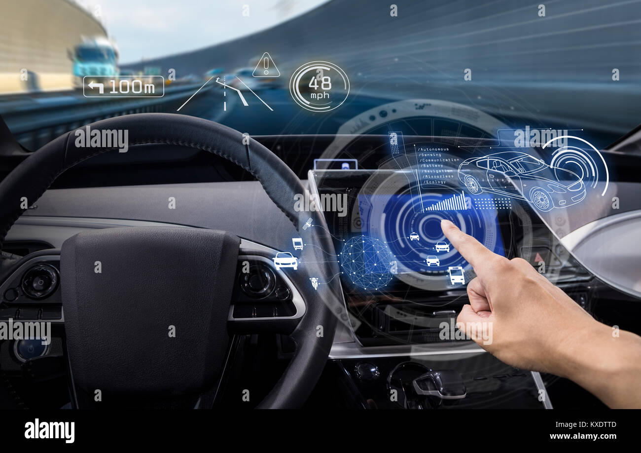 Cockpit del veicolo e schermo, car electronics, tecnologia automobilistica, auto autonoma, immagine astratta visual Foto Stock