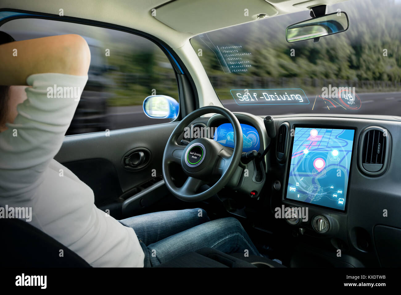 Cockpit del veicolo e schermo, car electronics, tecnologia automobilistica, auto autonoma, immagine astratta visual Foto Stock