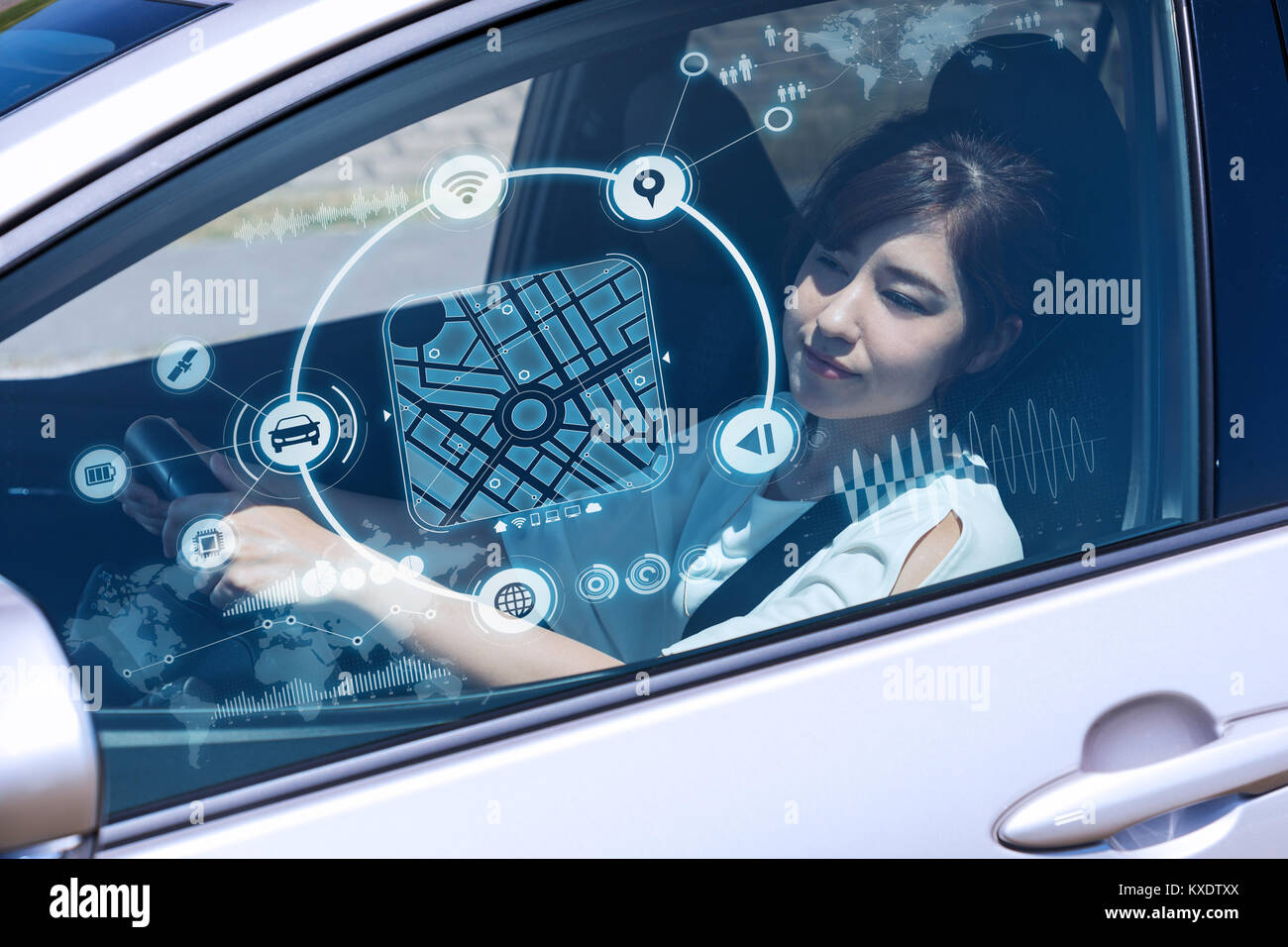 Futuristico Veicolo e interfaccia grafica utente (GUI). intelligent auto. collegato auto. Internet delle cose. Heads Up Display(HUD). Foto Stock
