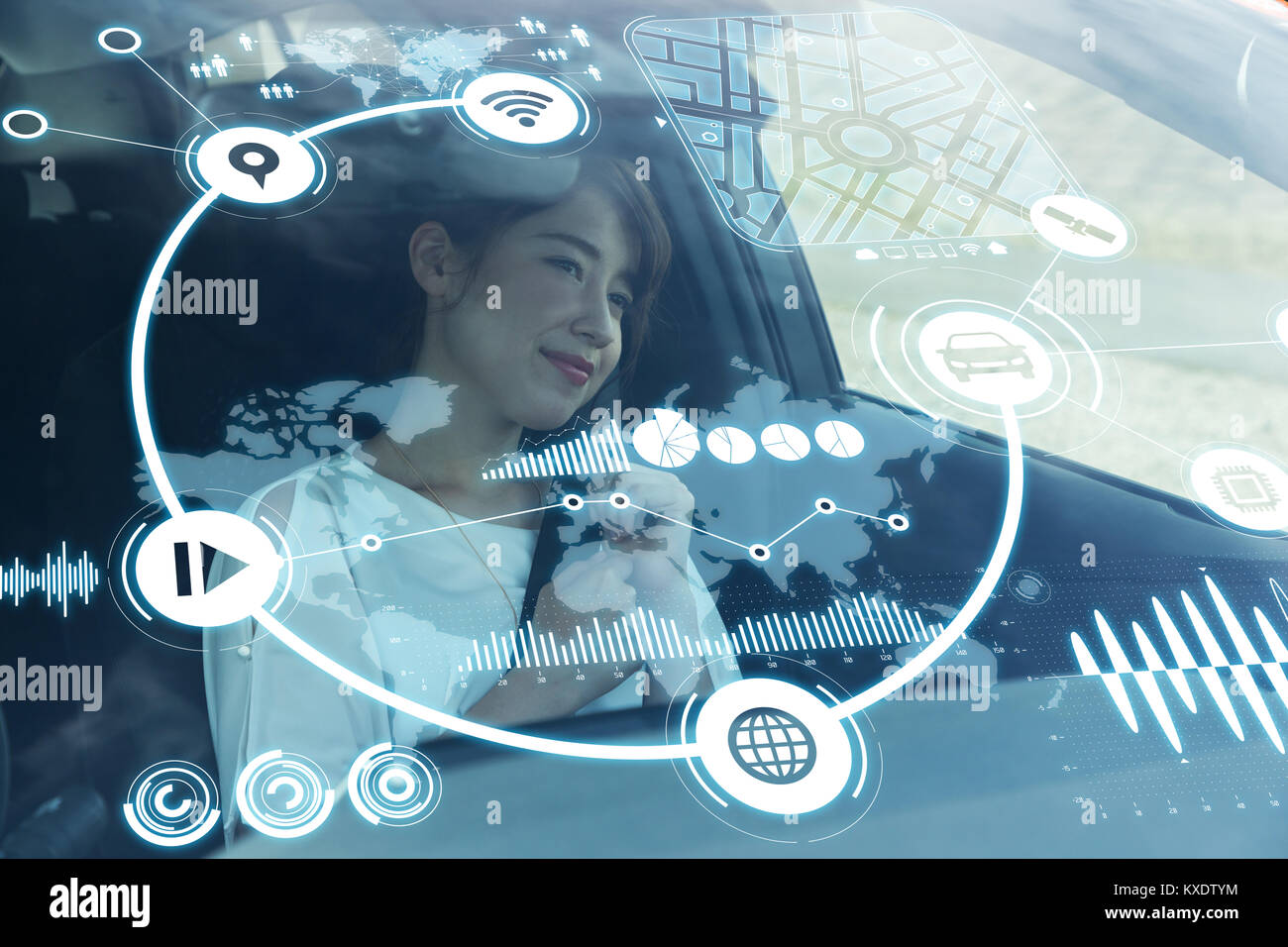 Futuristico Veicolo e interfaccia grafica utente (GUI). intelligent auto. collegato auto. Internet delle cose. Heads Up Display(HUD). Foto Stock