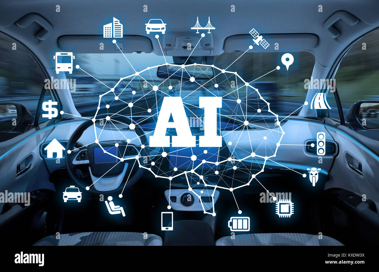 Autonomo con auto AI(Artificial Intelligence) concetto. Foto Stock