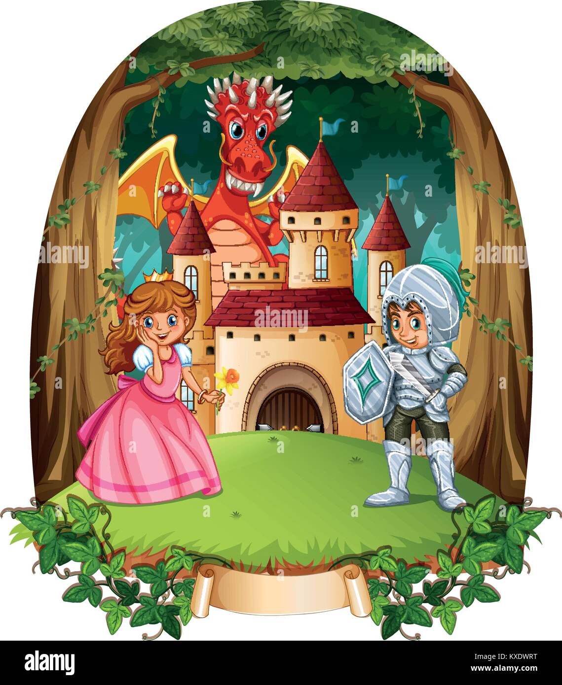 Panorama da favola con il principe e la principessa illustrazione Illustrazione Vettoriale