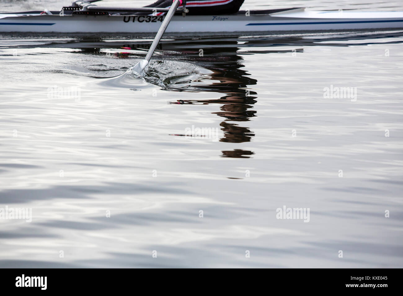 Un solo vogatore sulle rive di un fiume skulling attraverso il ondeggiano delicatamente l'acqua. Foto Stock