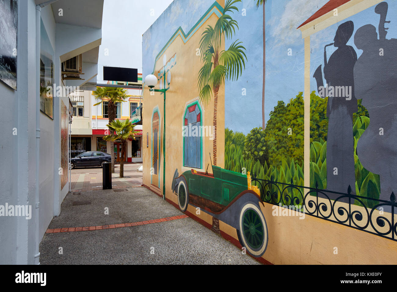 Murales Art Deco tra Emerson e Tennyson strade, Napier, Nuova Zelanda Foto Stock